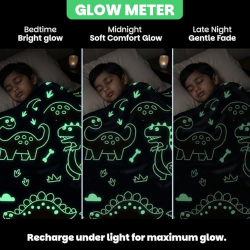 Image of Famyo Glow Blanket for Kids -Cute Dinosaur | Kids Blanket 0-15 Yrs | 200x152 cm Double Bed Blanket | Soft Flannel Blankets for Winter | Lab-Tested & Safe, (Blue)