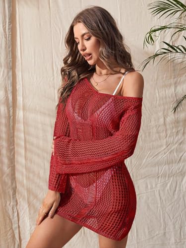 Image of Floerns Women's Crochet Cover Up Long Sleeve Hollow Out Bikini Swimsuit Beach Cover Up Swimwear