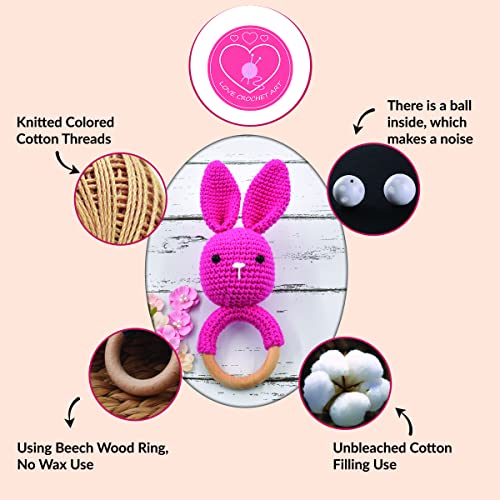 Image of Love Crochet Art Animal Shape Crochet Rattle Cum Soft Toy for Infant, Kids & Babies, Early Age Gift Toys (Bunny Rabbit - Pink)