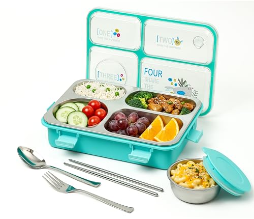 Image of Brand Conquer Lunch Box Leak-Proof BPA Free Stainless Steel for School, Lunch Box for School & Office with a Fork, a Spoon and a Pair of Chopsticks (Classic Blue, Happiness 4 Compartment)
