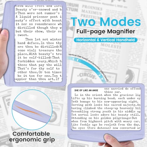 Image of Rechargeable 5X Magnifying Glass for Reading, Large Bright Full Page Magnifier with Light, Handheld LED Dimmable Lighted, Lightweight Book Magnifier for Reading Small Prints Seniors - Purple