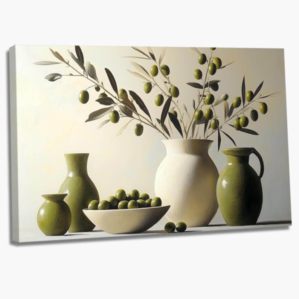 Jarrón de Aceitunas Verdes Vintage, Arte de Pared, Ramas rústicas, Cuadros botánicos, Pintura Antigua de Naturaleza Muerta con Plantas, Carteles de Estilo rústico para decoración