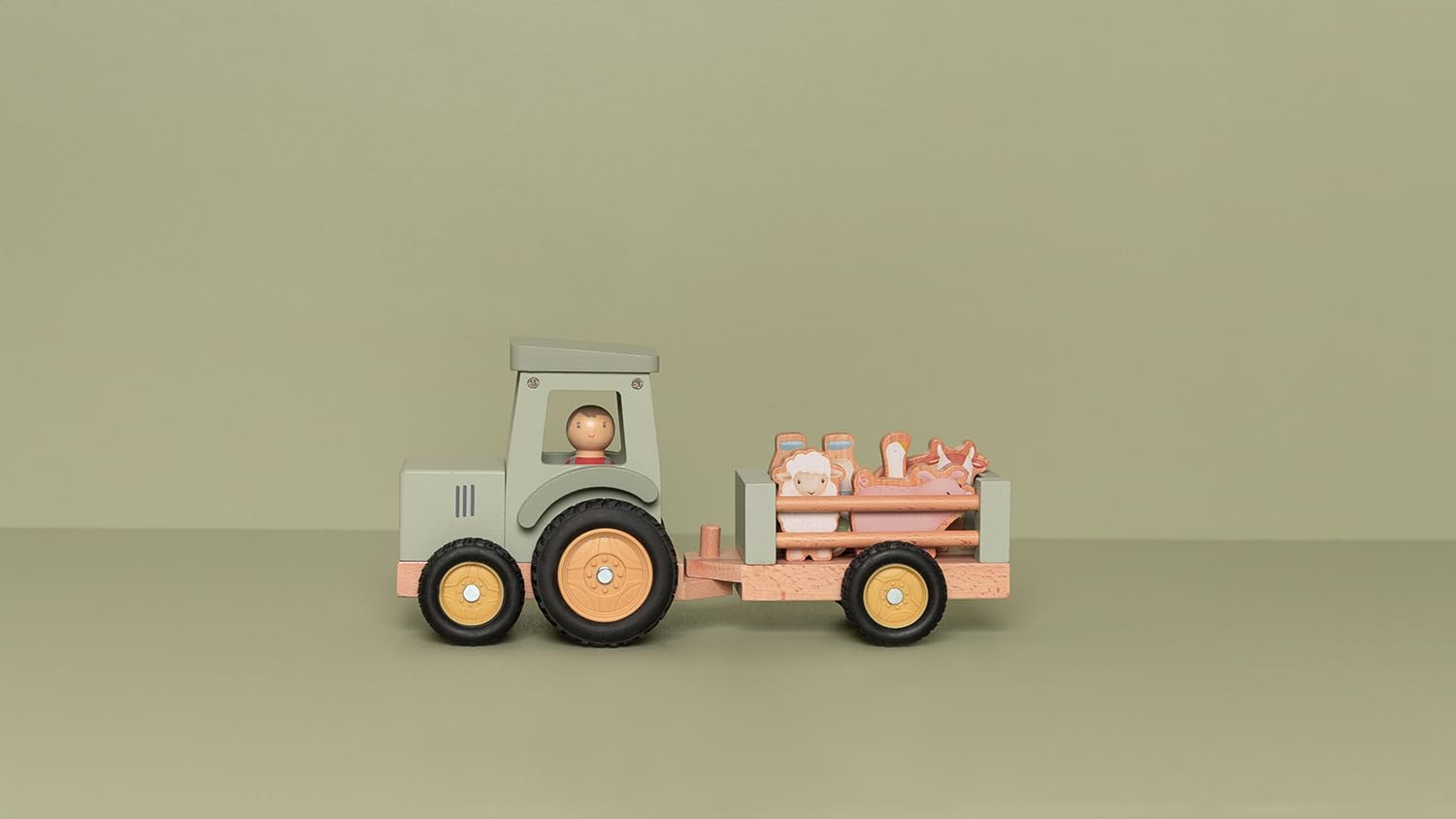 Little Dutch Trattore con rimorchio con animali e personaggio giocattolo in legno per bambini, verde, Little Farm