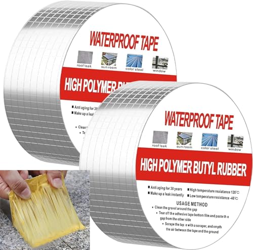 Image of Rainspire Aluminum Foil Butyl Waterproof Tape Leak Repair Tape | Self-Adhesive Roof Sealant Tape for Pipe, Roof, Wall, Window Crack Fix | Heat Resistant Tape, Multi-Purpose /Chopper Scraper - 2 Pack