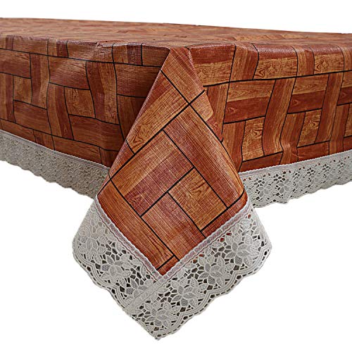 Image of Kuber Industries 3D Wooden Print Dining Table Cover 6 Seater|Table Clot for Dining, Party, Events|Waterproof Table Protector|Indoor and Outdoor Use 90x60 (Brown)