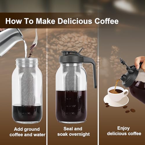 Image of Cold Brew Coffee Maker,Iced Coffee Maker, Mason Jar Pitcher with Stainless Steel Filter, Pour Spout Handle Lid, Heavy Duty Glass for Iced Coffee & Tea -64 Oz（2 Quart） Black