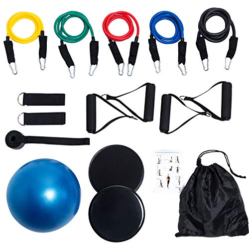 KURBAO 17 Pack Exercise Bands Set,Home Gym Kit-5 Stackable Exercise Bands&Tube with Ankle Straps, Door Anchor, Pilates Ball,Core Sliders for Home Workout, Yoga, Pilate, Slimming, Muscle Building