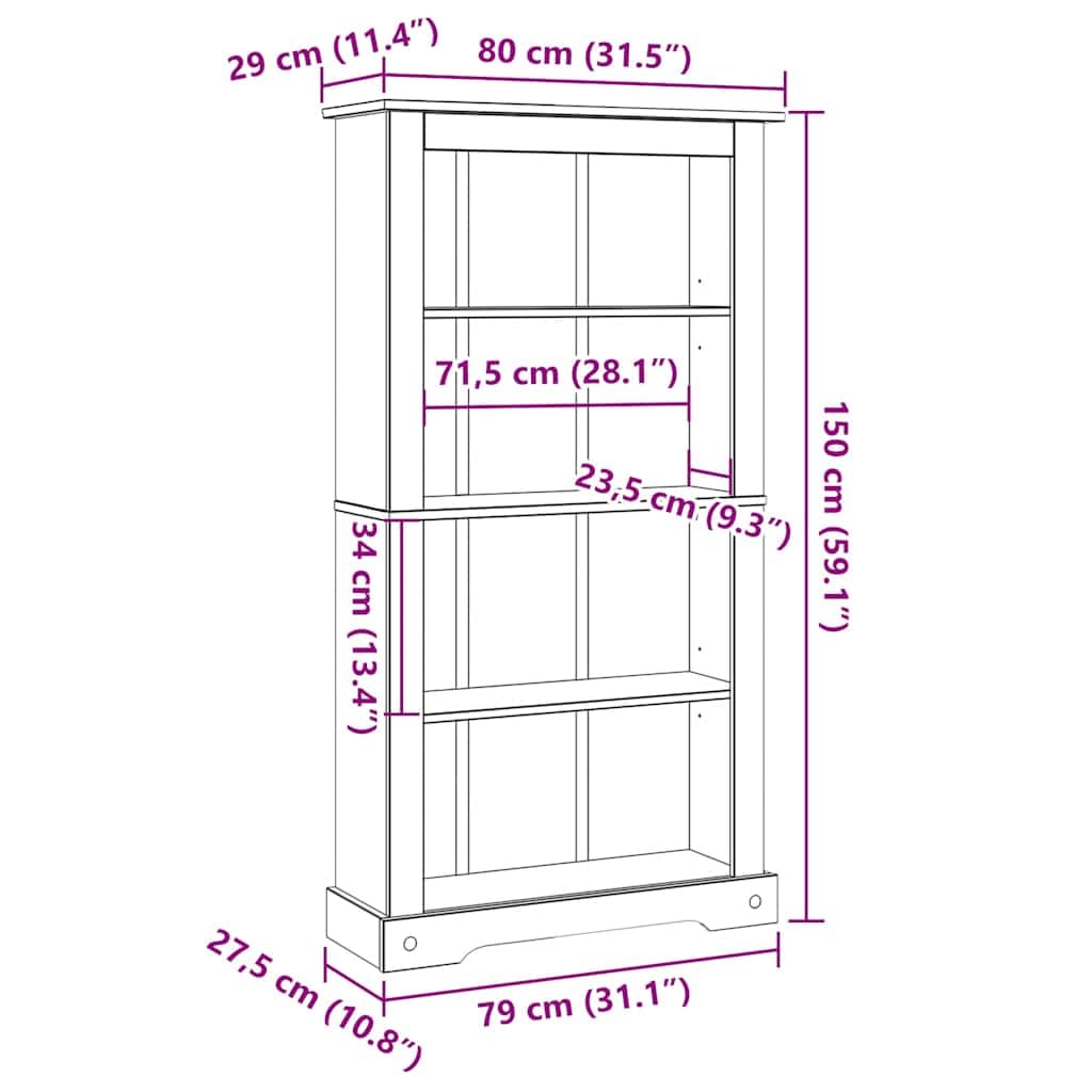 Libreria a 4 scomparti, stile messico, in legno di pino, 80 x 29 x 150 cm, stile rustico, da parete, divisorio, vetrina per soggiorno, studio
