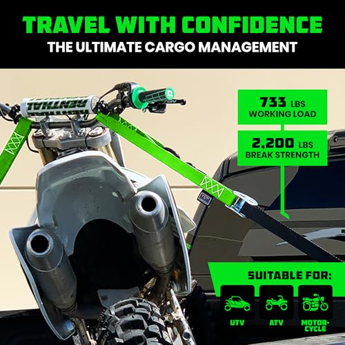 Image of Rhino USA Motorcycle Tie Down Straps (2 Pack) Lab Inspected 2,200lb Break Strength, Steel Cambuckle Tiedown Set with Integrated Soft Loops - Better Than a Ratchet Strap (Green 2-Pack)