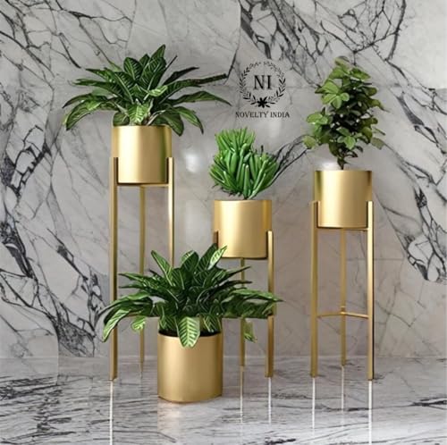 NOVELTY INDIA™ Modern Metal Floor Flower Stands Planter for Living Room Bedroom Display Plant Stand Tall Indoor Plant Stand with Plant Set of-3 (Golden)
