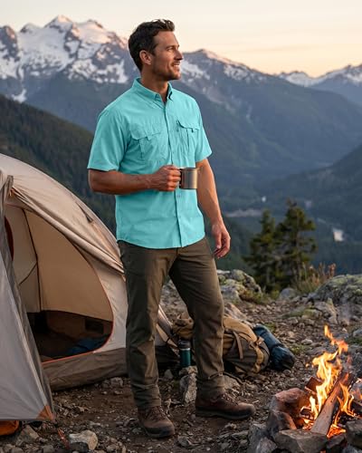 BETBO Men's Short Sleeves Fishing Shirts Button Down Summer Travel Work Shirts with Zipper Pockets(Waterfall, XX-Large) — view 3
