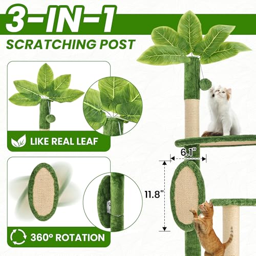 55 Inch Large Cat Tree Tower for Indoor Cats with Hammock Green Leaves Sisal Scratching Post, Plush Hang Ball Play Furniture for Kittens & Adult Cats, Green - Image 5