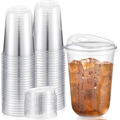 Ziliny 50 Sets Clear Plastic Coffee Cups with Sip Lids, Disposable Plastic PET Crystal Cups for Iced Coffee, Smoothie, Cold Beverage, Drink Shops and Party Catering(Clear,16 oz)