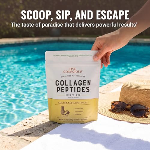 Image of Live Conscious Collagen Peptides Powder - Pina Colada Flavor - Type I & III for Hair, Skin, Nails & Joint Support - Hydrolyzed, Grass-Fed Bovine - Women & Men, 30 Servings - 12.8oz