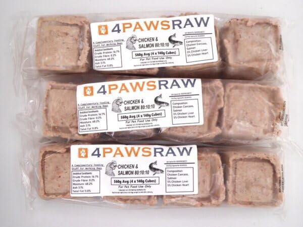 4PAWSRAW Frozen Raw Dog Food Chicken & Salmon 80/10/10 Mince 11.2kg (20 x 560g Packs) Complete Meal BARF Diet