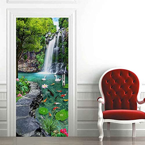 Jtgczi 3D Waterfall Swan Lake Landscape Door Decal Door Stickers Decor Door Mural Poster Removable Vinyl Door Wall Mural Door Wallpaper For Home Room Decoration 30.31"X78.7" #TOP2