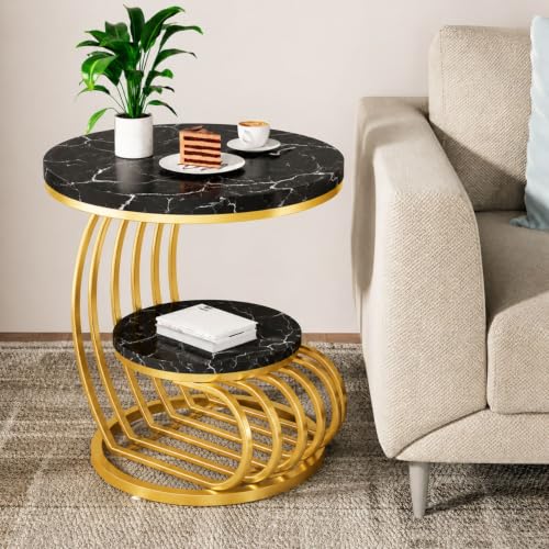 Image of Modern Double-Top Coffee Table with Rustic Farmhouse Accent, Multipurpose Living Room Bedroom, Two-Tier Small Sofa Side Bedside Table with Metal Frame Nightstand (Black God Mg)