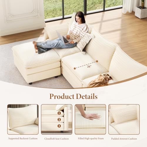 Image of Vesgantti 108 inch Modular Sectional Sofa, Comfy Cloud Couch with Movable Ottoman Deep Seat Corduroy L Shaped Modular Sofa, Sectional Couches for Living Room, Bedroom and Apartment, Beige
