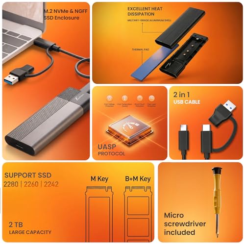 Image of Techie 2-in-1 NGFF SSD & NVMe Enclosure, M.2 NVMe SSD Case, USB 3.1 Gen 2 10Gbps External SSD Adapter, Aluminum Body with Type-C & USB-A Cable, Supports M Key /B+M Key 2230 /2242 /2260 /2280 SSDs