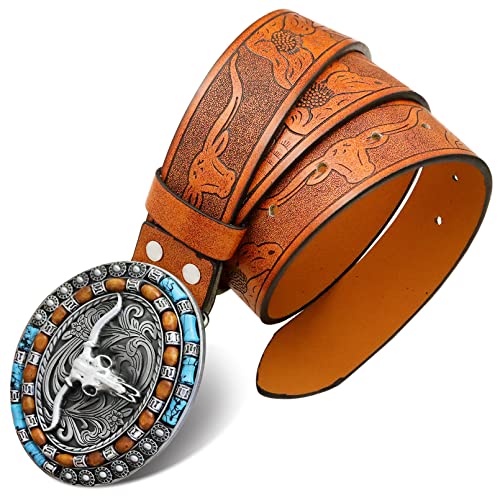 Ceinture de cowboy en cuir western premium pour homme à boucle taureau travaillée