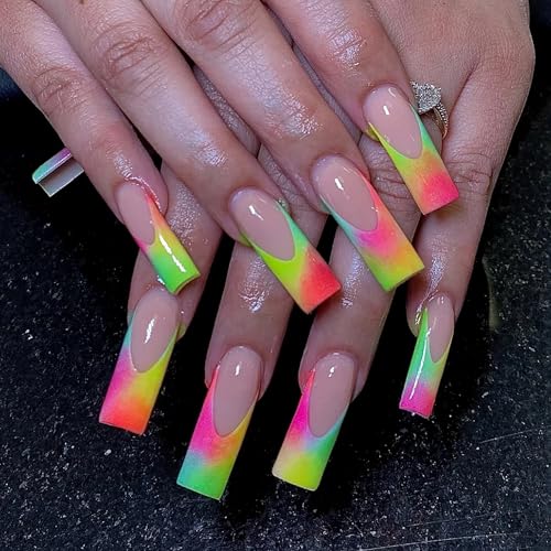 MERVF Long Square Press on Nails Colorful Gradient French Tip