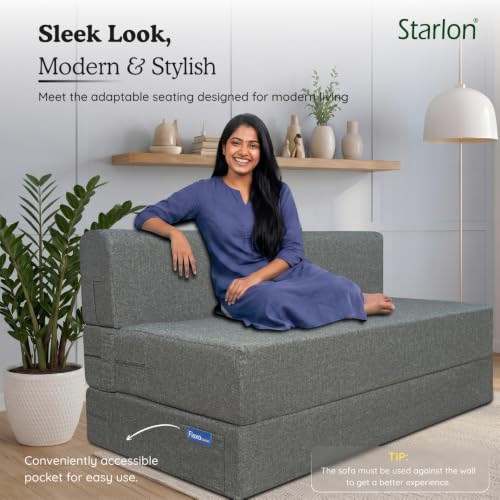 Image of Starlon 3 Seater Foldable Sofa Cum Bed 3-in-1 with 2 Floral Pattern Pillows, Washable Jute Fabric Cover, Space Saving Guest Bed, Ash Gray 6x6.5 Ft
