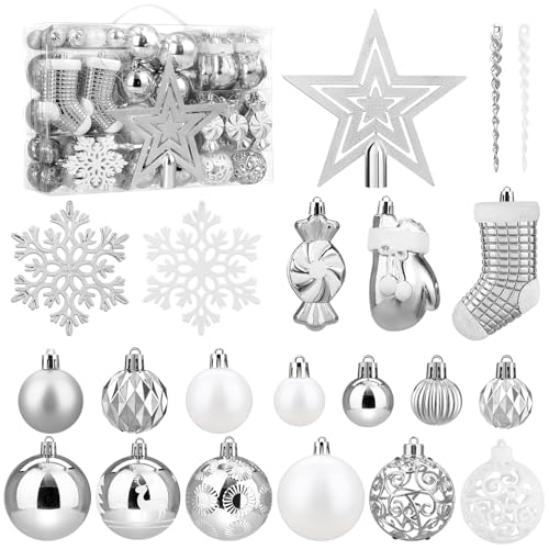 Christbaumschmuck Weiß Silber 28 SOLEDI® 128er Set Premium Weihnachtskugeln Kunststoff Silber Weiß...