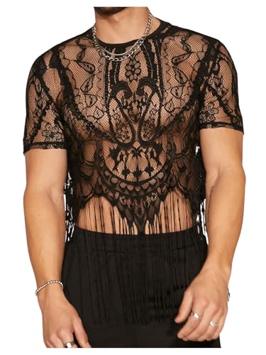 SHENHE Men's Sheer Floral Lace Fringe Short Sleeve Crewneck Cropped Tee Party Shirt Top4
