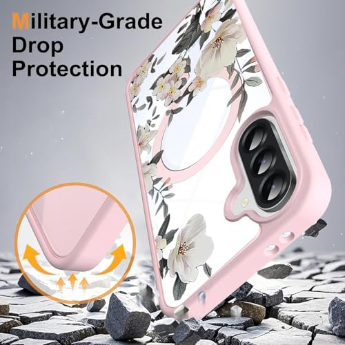 Image of VONZEE Compatible with Samsung Galaxy A57 5G Back Case Luxury Retro Flowers Floral Clear for Magnetic Wireless Charging Case Shockproof PC+TPU Cute Glossy Shiny Cover for Girls Women, Pink