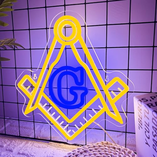 Image of Mutank Masonic Neon Sign, USB Powered Dimmable LED Neon Light Symbolic Decor, for Brotherhood Historical Wall Game Room Study Man Cave Wall Decor, Gifts for Freemasons and Brothers(12.9 * 12.2 In)