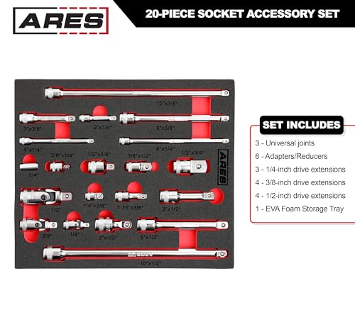 Image of ARES 40003-20-Piece Socket Accessory Set - Premium Chrome Vanadium Steel with Mirror Finish - Includes Socket Adapters, Extensions and Universal Joints