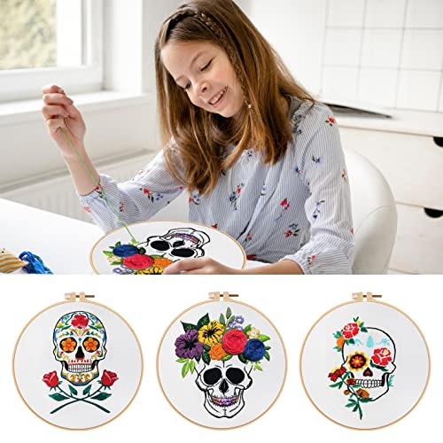 Image of Nuberlic 3 Pack Halloween Skull Embroidery Kit for Adults Beginner Cross Stitch Kits for Starters with Skull Patterns Include 3 Hoop Cloth Thread Needles and Instructions