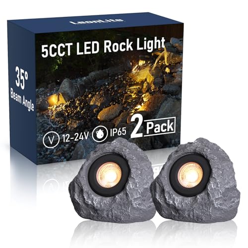 LEONLITE 5CCT LED Rock Lights Outdoor, 5W Low Voltage Landscape Spot Light for Garden, Yard, Decorative Stone Light, 12-24V AC/DC, CRI90, 200lm, IP65 Waterproof, Triangle, Dark Gray, Pack of 2