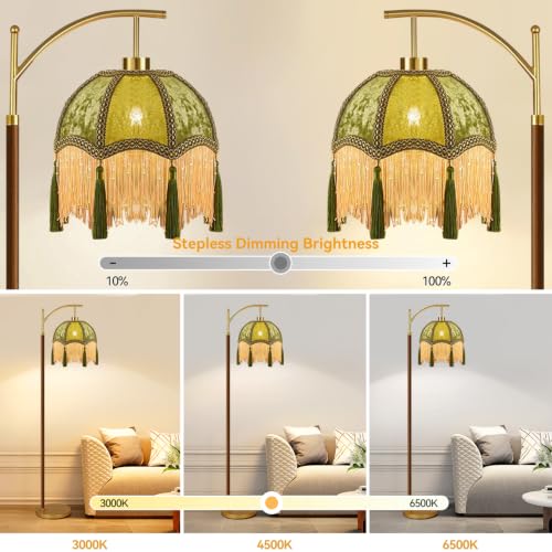 Image of AHDWDW Gold Vintage Floor Lamp for Living Room Bedroom,Arc Victorian Floor Lamps with Remote,Wood Standing Tall Lamp with Green Tassels Velvet Lampshade,Fringe Dimmable Modern Floor Lamp for Corner