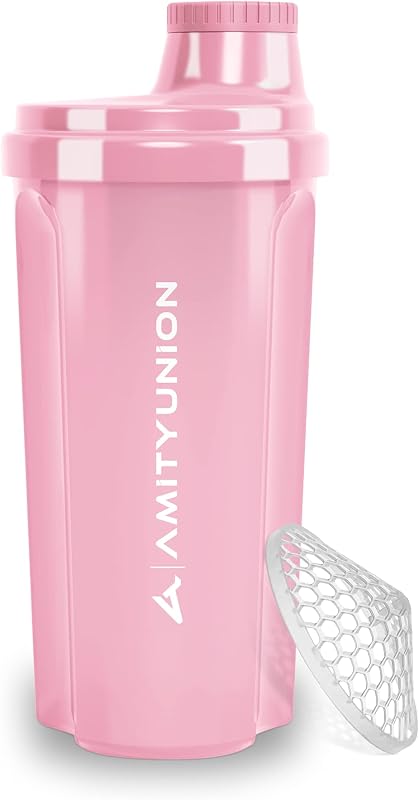 AMITYUNION Shaker per proteine 500 ml Heaven a prova di perdite, senza BPA con setaccio cliccabile e scala per frullati cremosi di siero di latte, shaker per proteine, originale in Rosa corallo