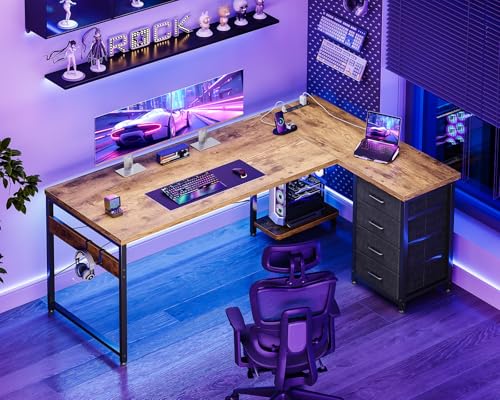 Image of AODK L Shaped Gaming Desk with 4 Drawers, 61 inch Reversible Home Office Desks with Power Outlets, L Shaped Computer Desk with USB Charging Port and Host Stand, Corner Desk, Easy to Assemble, Vintage
