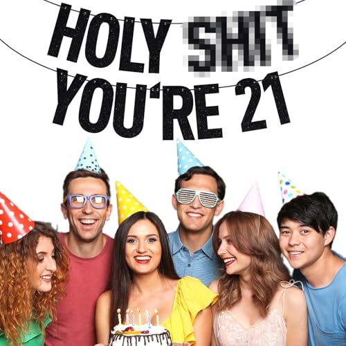 Image of Black Glitter Holy Shit You're 21 Banner, Rip Fake ID /Happy 21st Birthday /Cheers to 21 Years, Funny 21st Birthday Party Decorations Supplies