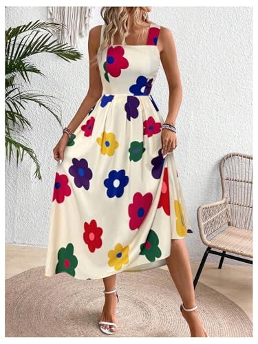 Image of Floerns Women's Flower Print Sleeveless Sundress Square Neck Vacation Long Dress