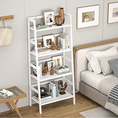 Homykic Ladder White Bookshelf, 4-Tier Bamboo Ladder Shelf 49.2” Book Shelf Bookcase Floor Freestanding Bathroom Storage Rack Plant Stand For Home Office, Bedroom, Living Room, Easy To Assemble #TOP2