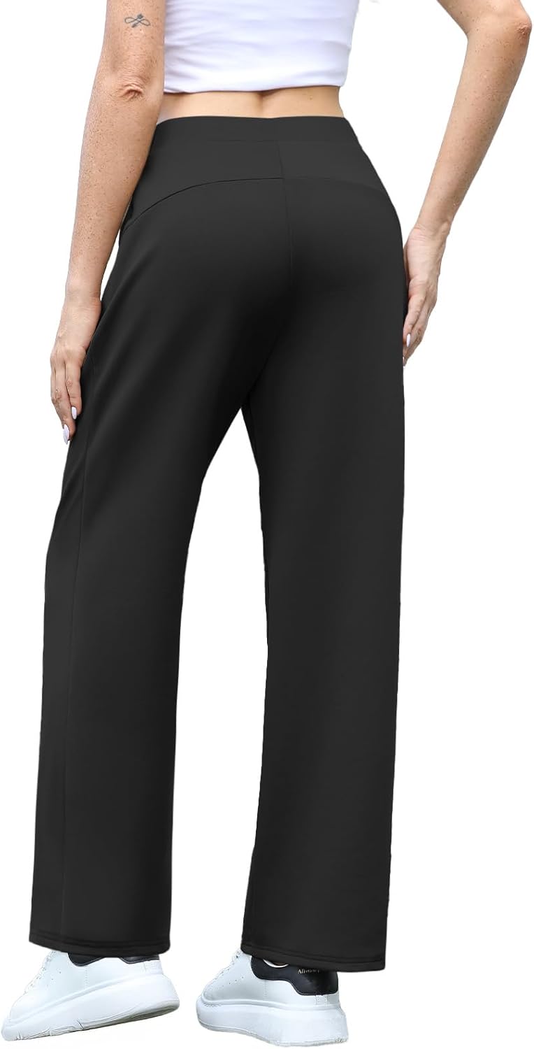 Feiersi Women Stretchy Wide Leg Pants Soft Elastic High Waisted Casual Palazzo Pants Trousers with Pockets(Black,Large) - Image 2