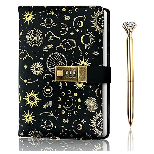 NightSky Diary with Lock , Gold Foil PU Leather Journal with Lock bundled with Pen , Notebook with Lock , Lock Journal , Locking Journal , Locked Journal , Lockable Diary , Locking Diary Journal