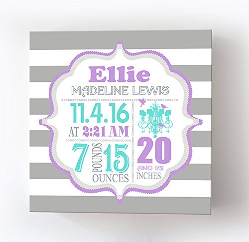 Personalized Stretched Canvas Birth Announcement Gift, Custom Baby Name, Date, Weight Stats, Newborn Chandelier Nursery Wall Art Decor, Wooden Frame Construction, Ready to Hang 16X16