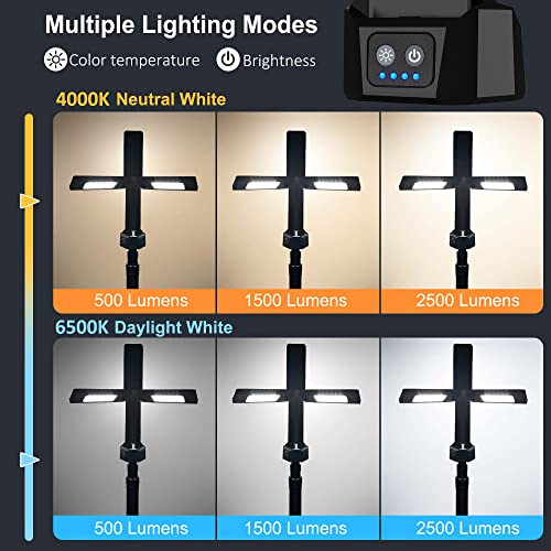 Rechargeable LED Work Light with Stand, Aluminum 67" Portable Cordless Work Light, 8AH Battery, 500/1500/2500 Lumen, 4000/6500K Dimmable Camping Light with Detachable Tripod (Carrying Bag Included)