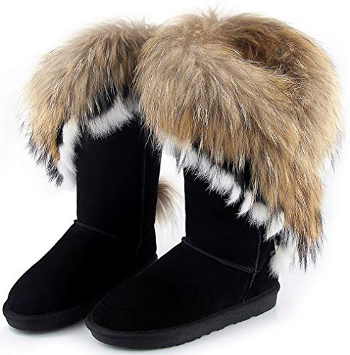 APHNUS Womens Mid Calf Boots Cow Leather Fur Snow Boots2