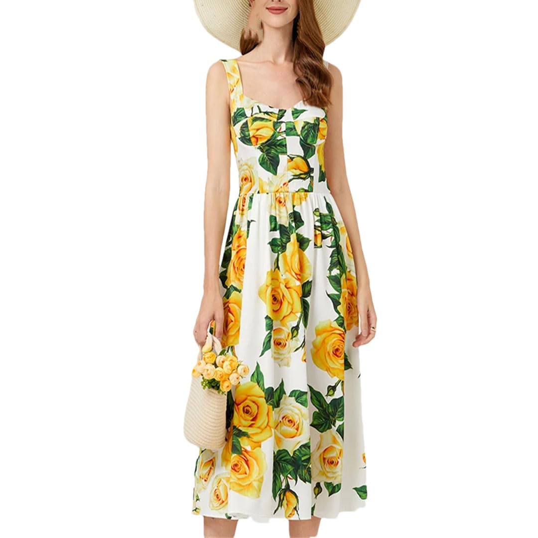 LNNSHX Mujer Verano Estampado Floral Vacaciones Midi Vestido Largo Correas Elástico Sin Espalda
