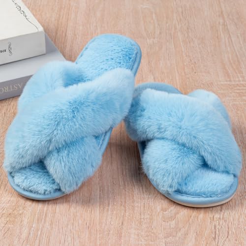 Image of Enteer Women's Slipper Memory Foam Cross Band Fuzzy Slippers Open Toe Cozy House Slippers Cozy Plush Bedroom Indoor Outdoor
