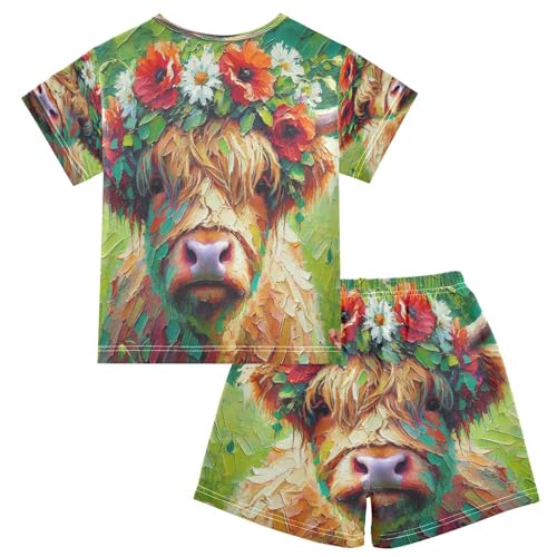 Highland Cow Ink Pajama Set Short Sleeve PJ Set Cotton Summer Pajamas Sleepwear Soft 5Y2