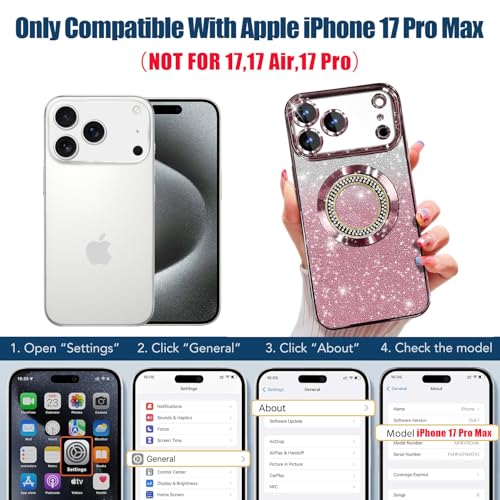 Image of Misscase for iPhone 17 Pro Max Magnetic Glitter Case Compatible with MagSafe,Full Protection Slim Shockproof Anti-Scratch Case with Camera Lens Protector Plating Bling Dust-Proof Net Pink