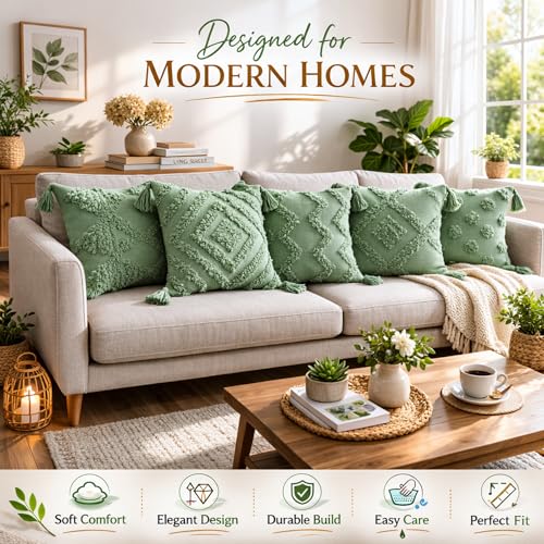 Image of SILK & YANA 16x16 Cotton Cushion Covers Set of 5 | Hand-Tufted Decorative Throw Pillow Covers with Boho, Geometric & Textured Designs | Tassel-Trimmed Covers for Sofa | Sage-Green