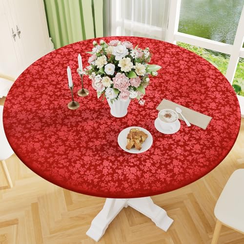 Image of Smiry Waterproof Heavy Duty Vinyl Fitted Tablecloth for 45 inch-56 inch Round Table | Elastic Plastic Table Cloth, Wipeable Washable Floral Patio Table Cover for Picnic, Kitchen and Dining, Red